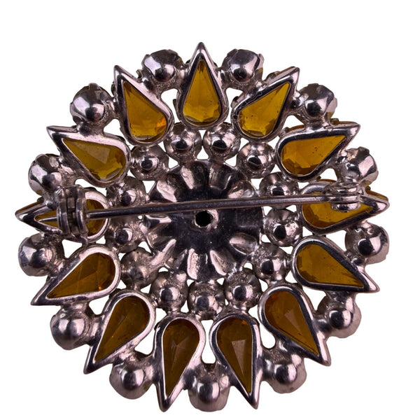 Vintage  Silver Tone Amber Rhinestone Round Pin Brooch