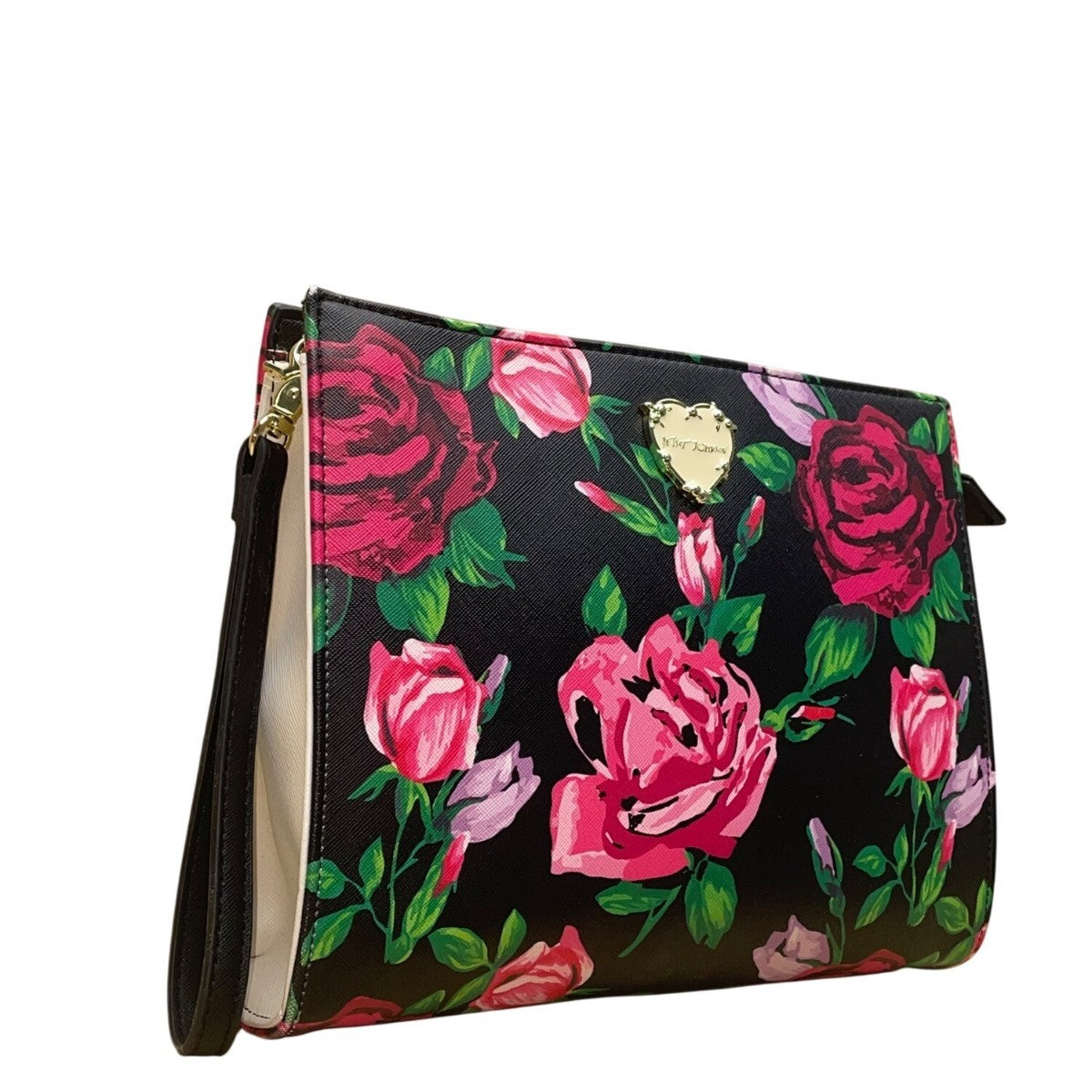 Betsey Johnson Women’s Black & Pink Floral Print With Gold Heart Detail Clutch