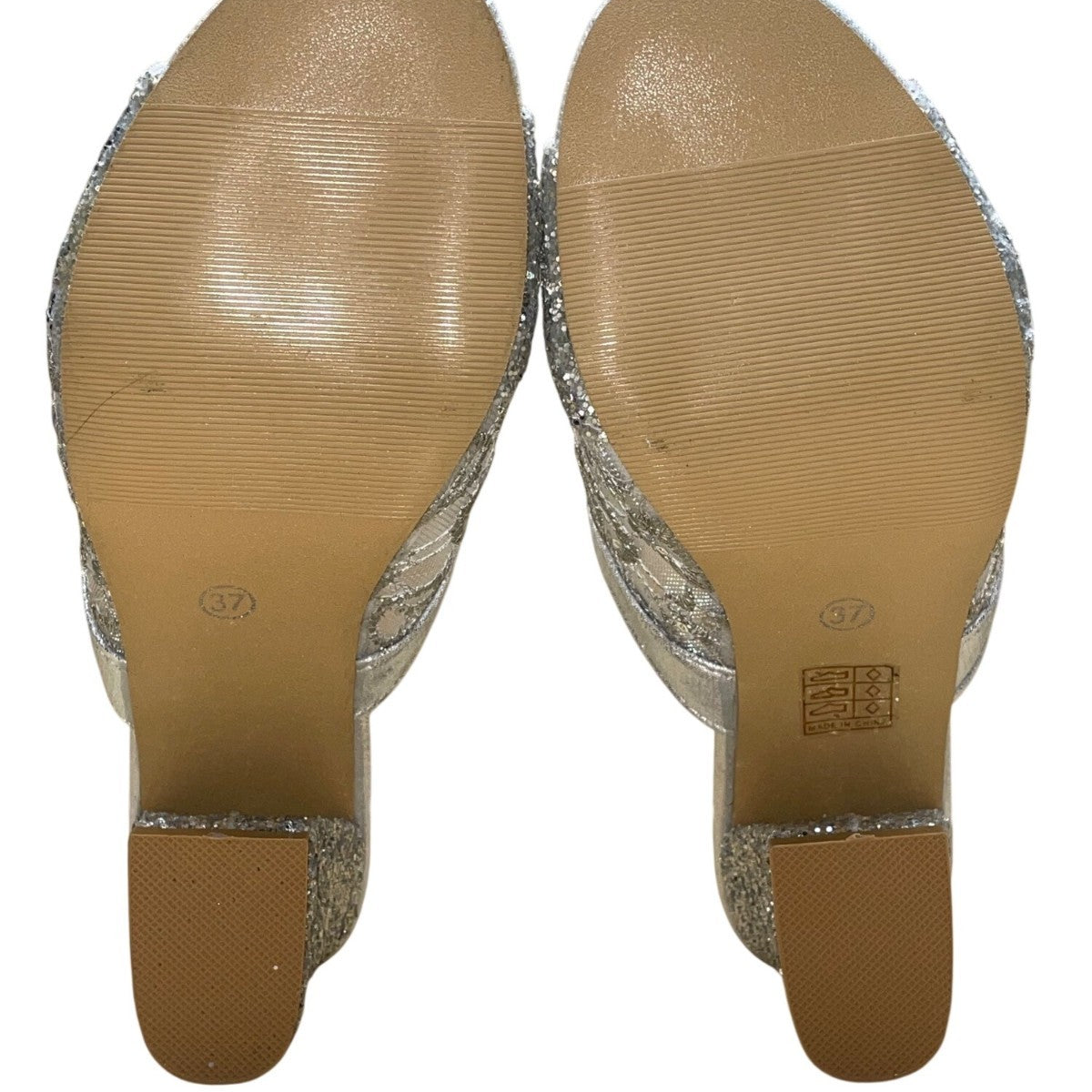 FashionShoes Women’s Silver Glitter Mesh Chic Slip-On Open-Toe Block Heel Sz 37
