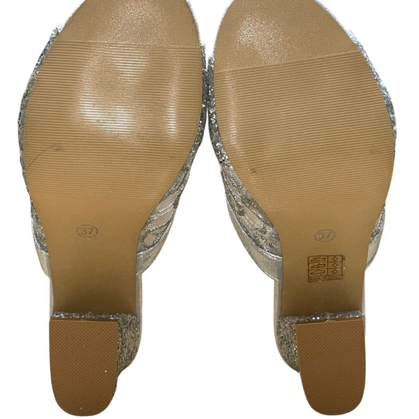 FashionShoes Women’s Silver Glitter Mesh Chic Slip-On Open-Toe Block Heel Sz 37