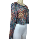 Women's Multicolored Sheer Round Neck Sun Moon Print Blouse Sz L