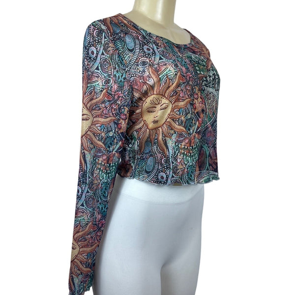Women's Multicolored Sheer Round Neck Sun Moon Print Blouse Sz L