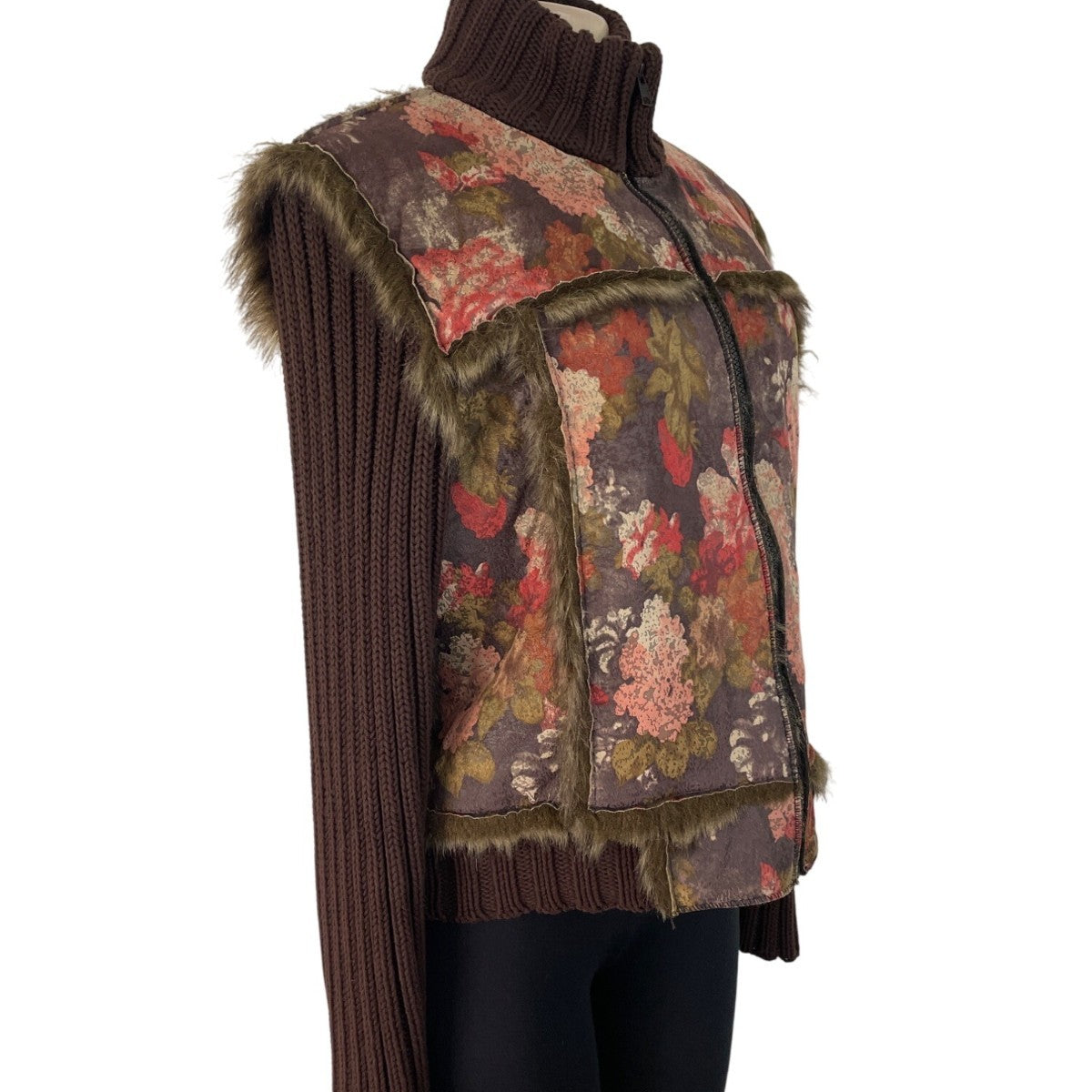 Floral Print Brown Faux Fur Coat Women’s Casual Zipper Closure Size M