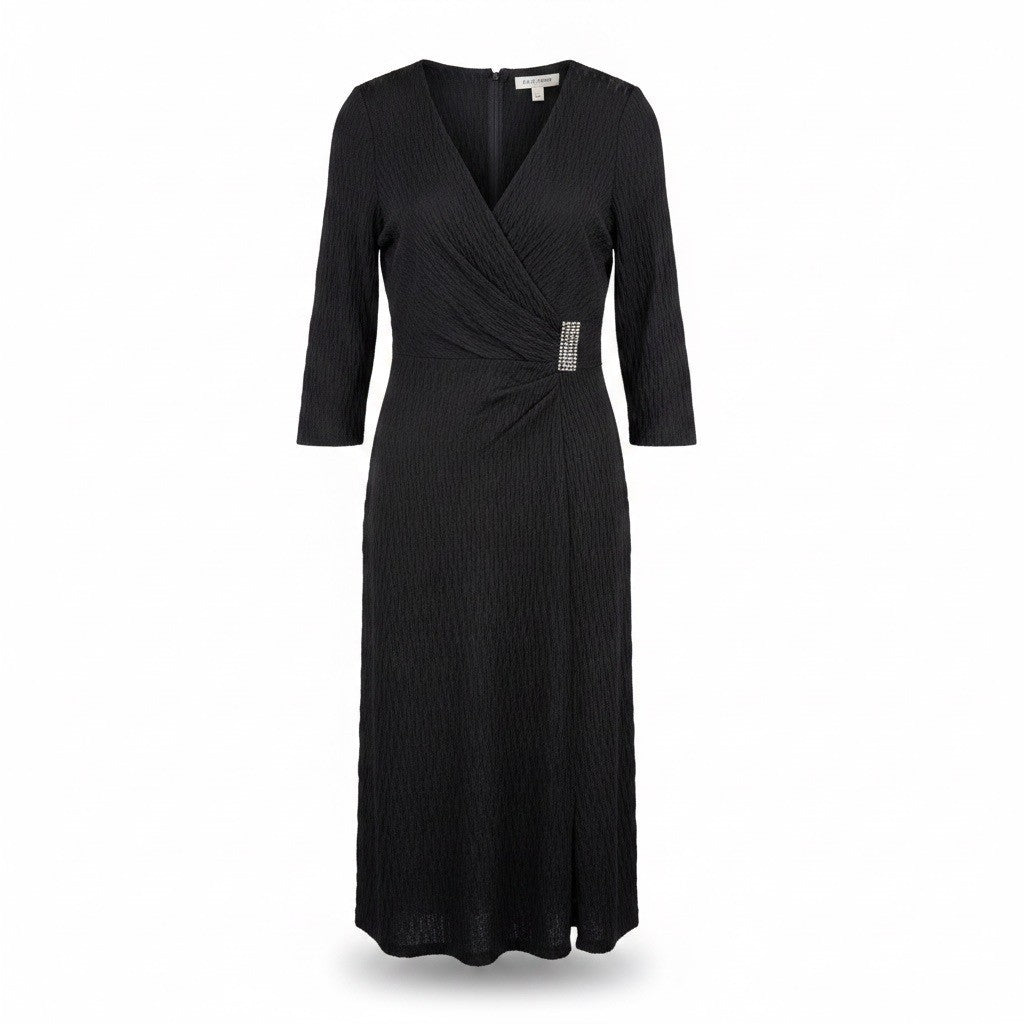 Kay Unger Womens Black Nylon Blend 3/4 Sleeve Embellished Wrap Midi Dress Size 1