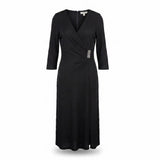 Kay Unger Womens Black Nylon Blend 3/4 Sleeve Embellished Wrap Midi Dress Size 1