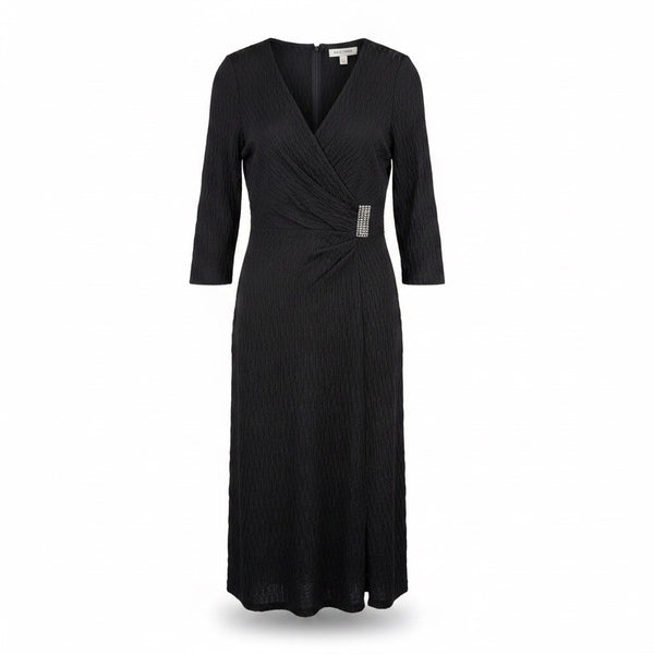 Kay Unger Womens Black Nylon Blend 3/4 Sleeve Embellished Wrap Midi Dress Size 1