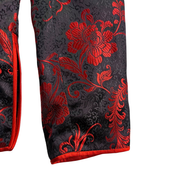 Women Black Red Brocade Floral Mandarin Jacket Laced Up