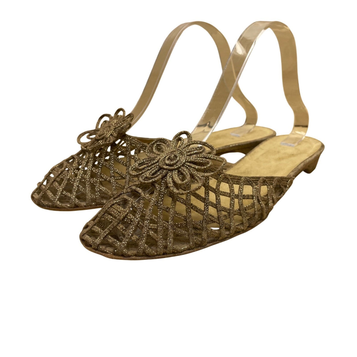 Vintage Stuart Weitzman Women’s Gold Leather Open-Toe Slingback Floral Sandals S