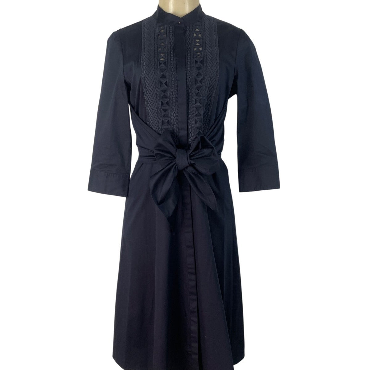 Elie Tahari Women’s Navy Blue Lace-Detail Dress With Bow-Tie Waist