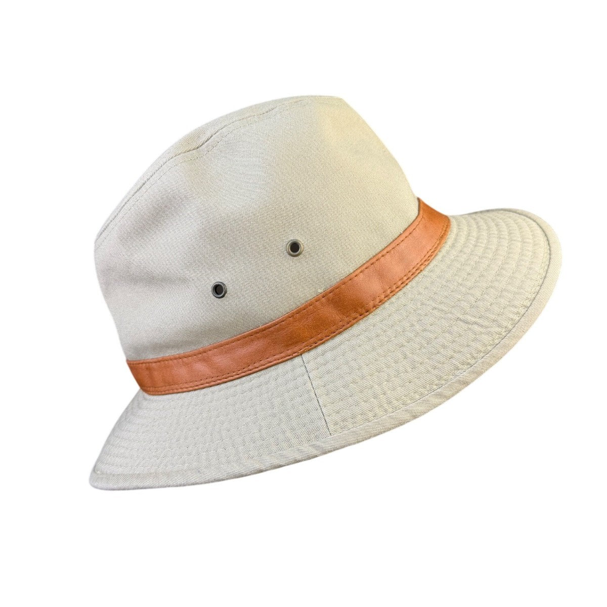 Scala Mens Beige Canvas Bucket Hat W/ Leather Band Sun Protection