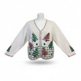 Studio Joy Womens White Holiday Cardigan Embellished Trees Design Sz 3X