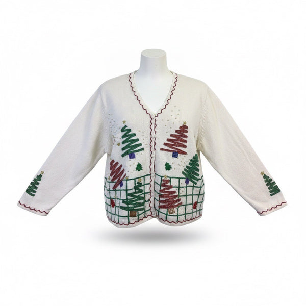 Studio Joy Womens White Holiday Cardigan Embellished Trees Design Sz 3X
