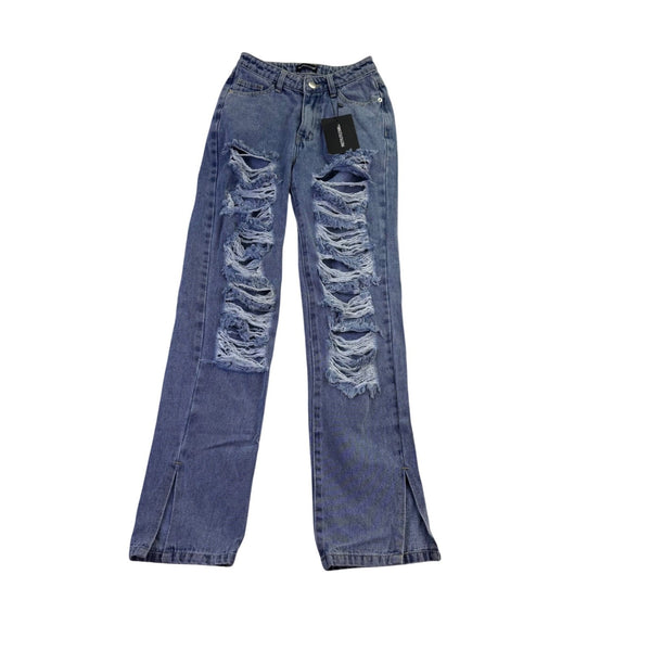 Pretty Little Thing Womens Blue High-Waisted Distressed Straight Leg Jeans Sz 4