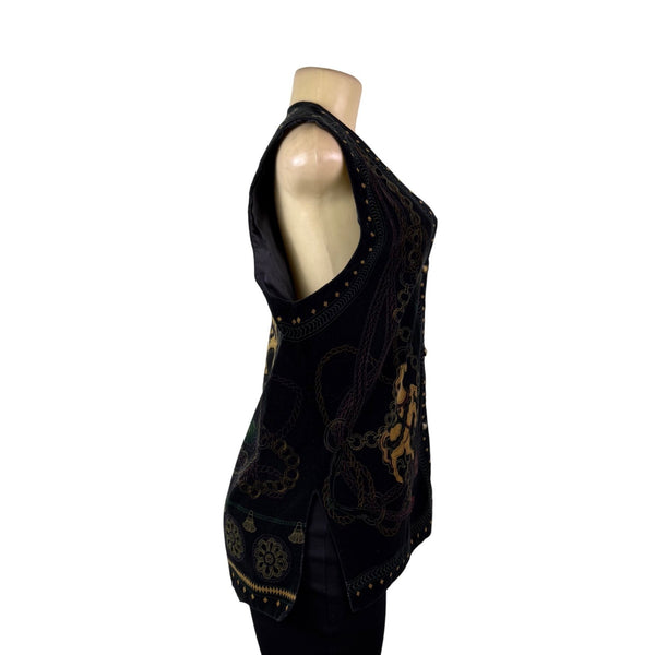 Rose Fashion Womens Black Embroidered Sleeveless Vest Chain Horse Design Sz M