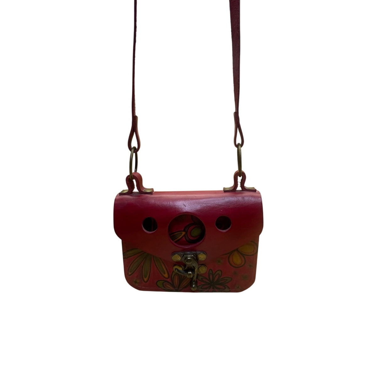 Handmade Women’s Red Leather Floral Brass Clasp Adjustable Strap Crossbody Bag