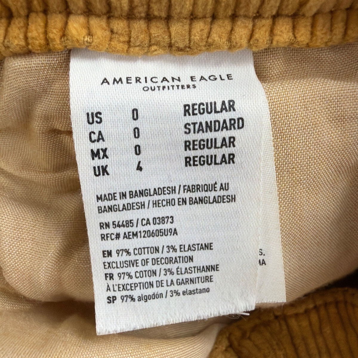 American Eagle Womens Mustard Yellow Corduroy Super Stretch Pants Size 0 R