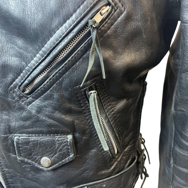 Vintage First Genine Leather Black Motorcycle Jacket With Zipper & Snap Details