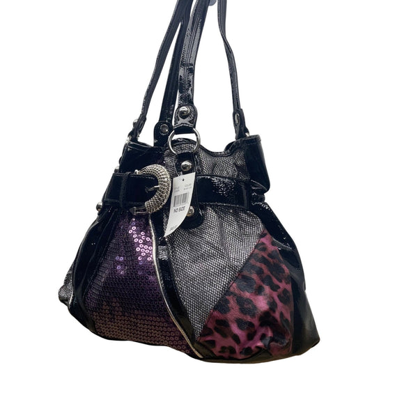 Women’s Black & Purple Sequin Leopard Patchwork Buckle Detail Shoulder Bag