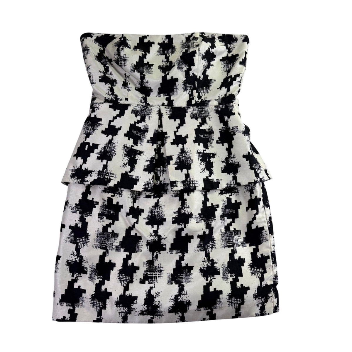 Eliza Miche Womens Black & White Strapless Peplum Dress Houndstooth Printed Sz M