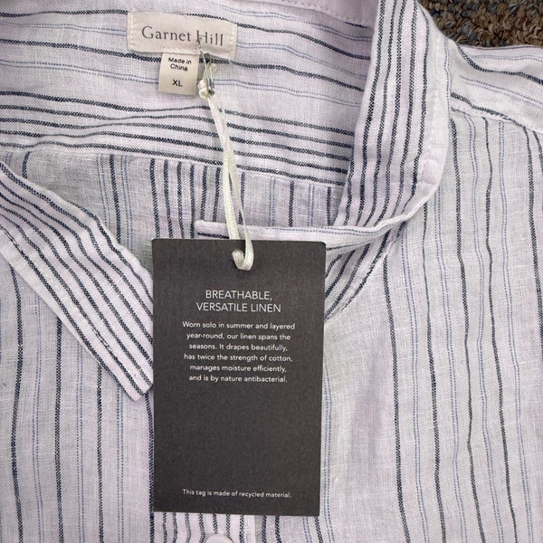 Garnet Hill Womens White/Blue Linen Striped Long Sleeve Shirt Button Front Sz XL