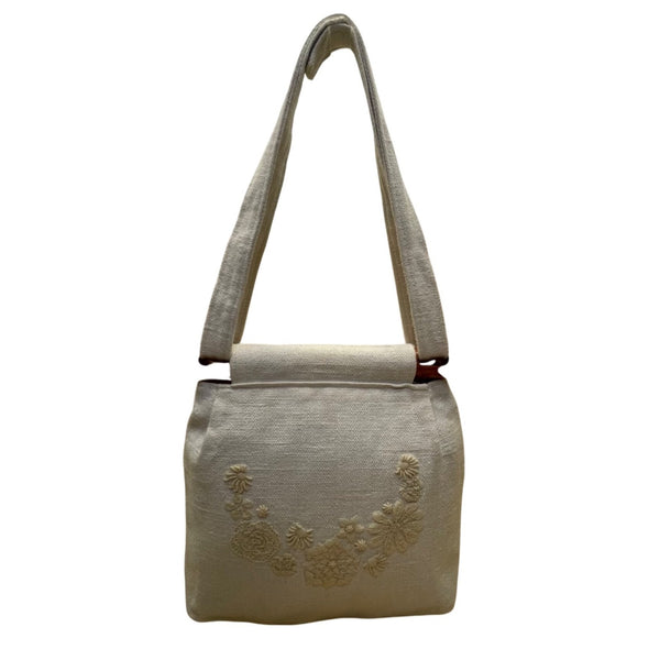Thistle Needleworks Linen Floral Embroidered With Wooden Accents Shoulder Bag