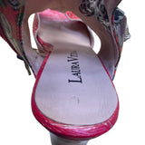 Laura Vita Women’s Red Floral Pattern Leather Open Toe Bow Accent Heels Size 10