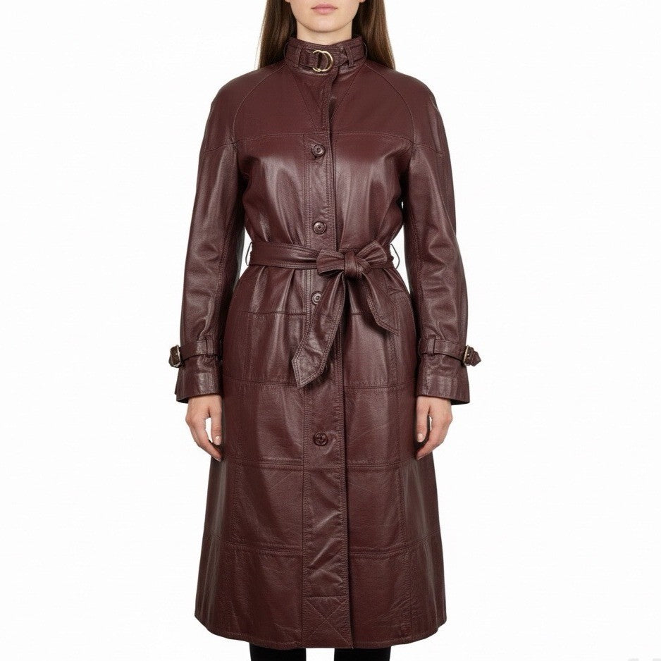 Tfc Women Maroon 100% Genuine Leather Belted Trench Coat Lined With Rayon Sz 8