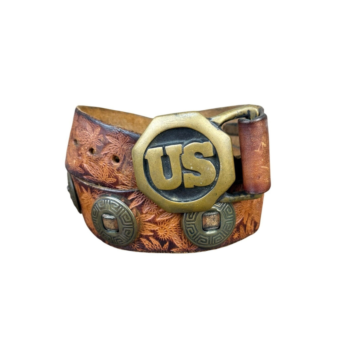 Handcrafted Vintage Brown Leather Belt US Buckle Embossed Design Unique