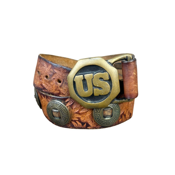 Handcrafted Vintage Brown Leather Belt US Buckle Embossed Design Unique