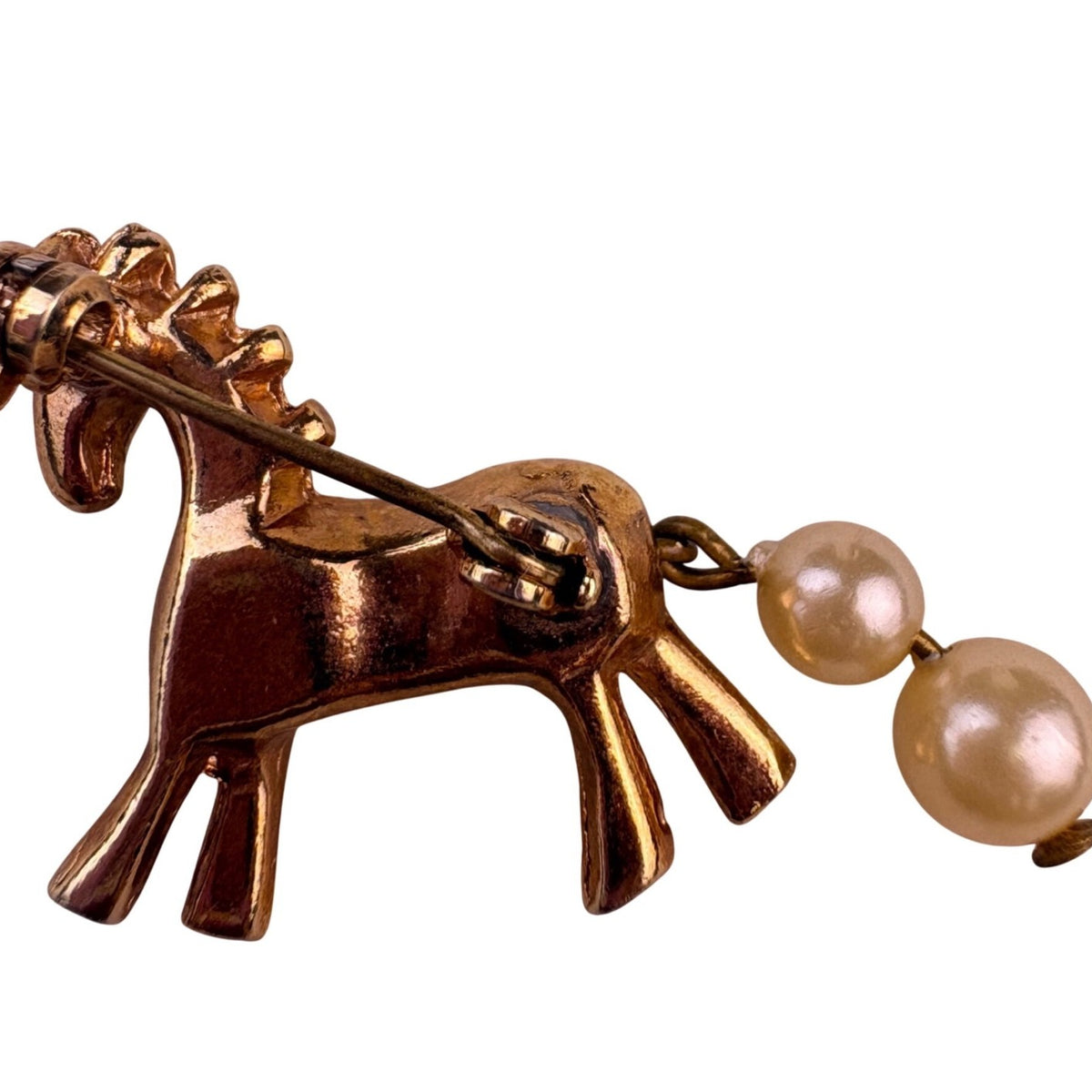 Vintage Gold Tone Synthetic Pearl Horse Brooch With Red Eye Accent Pin Jewelry