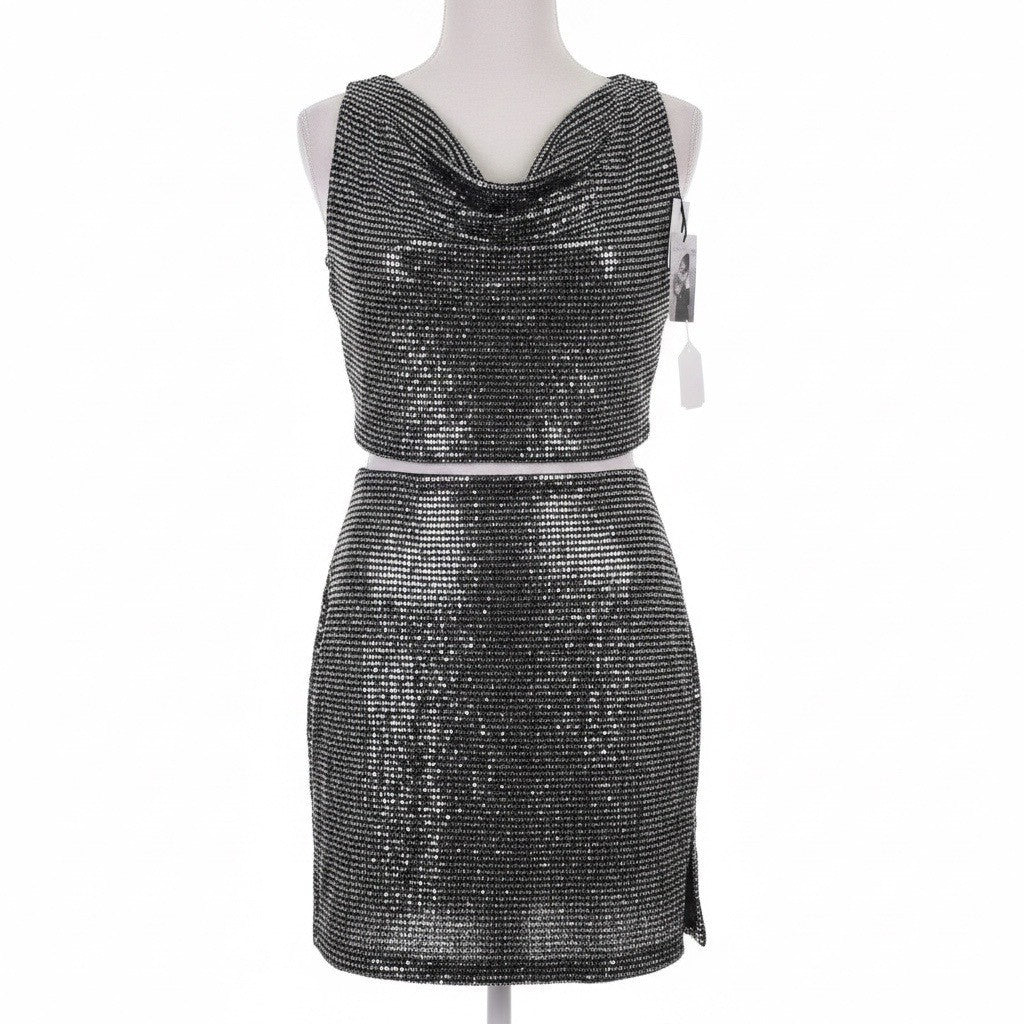 Sincerely Jules Womens Silver Lurex Sequined Crop Top & Skirt Set Size S