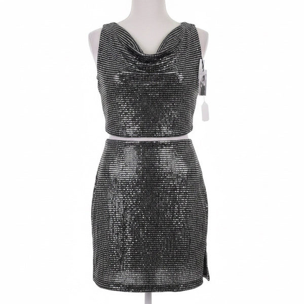 Sincerely Jules Womens Silver Lurex Sequined Crop Top & Skirt Set Size S