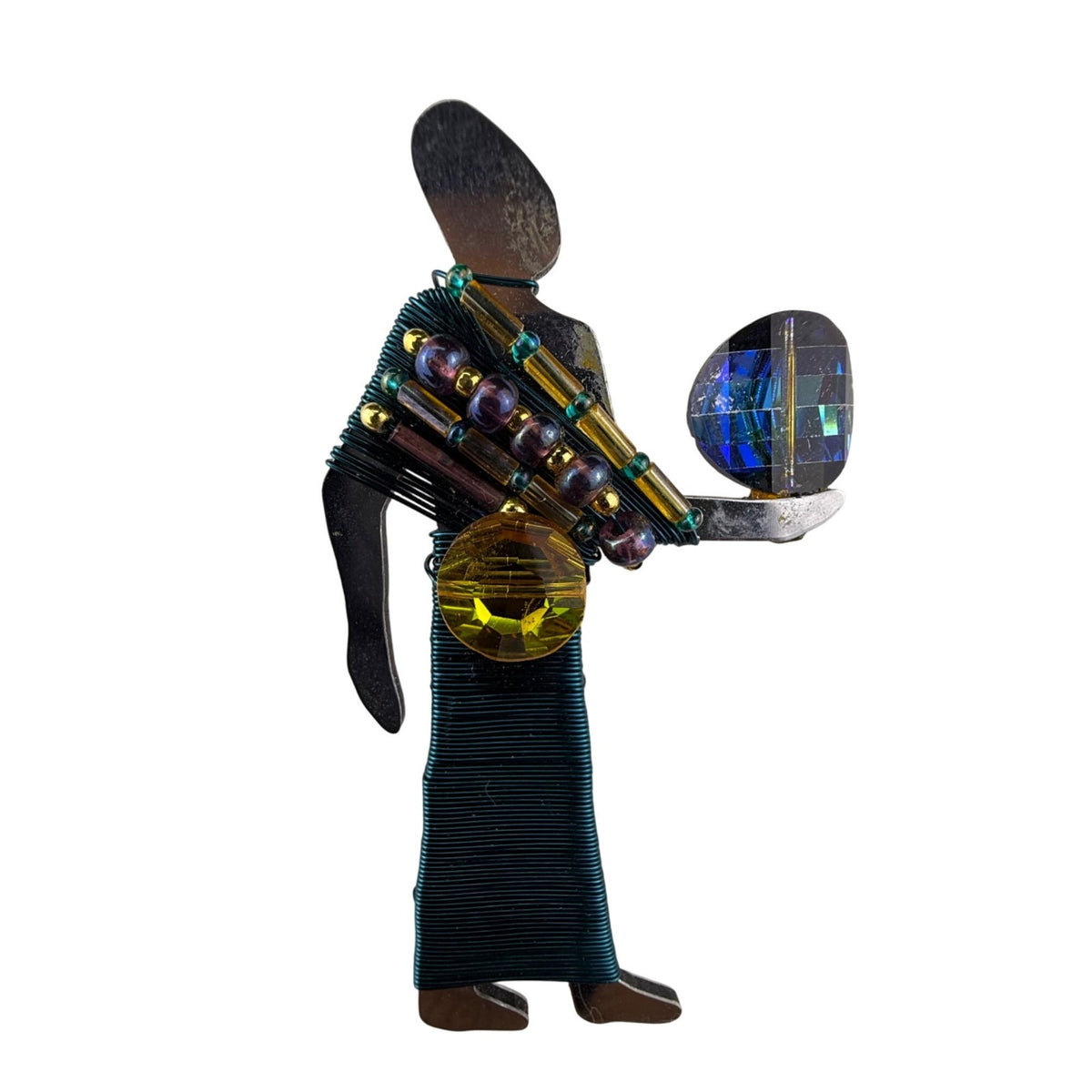 Liztech Gold Tone & Teal Figure Brooch Unique Wire Wrapped Beads Crystals