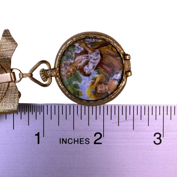 Vintage Gold Tone Enameled Womens Locket Brooch Hand-Painted Pastoral Scene Bow