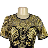 Joryaxuan Black & Gold Embroidered Sheath Dress Short Sleeve Mesh Detail Sz M