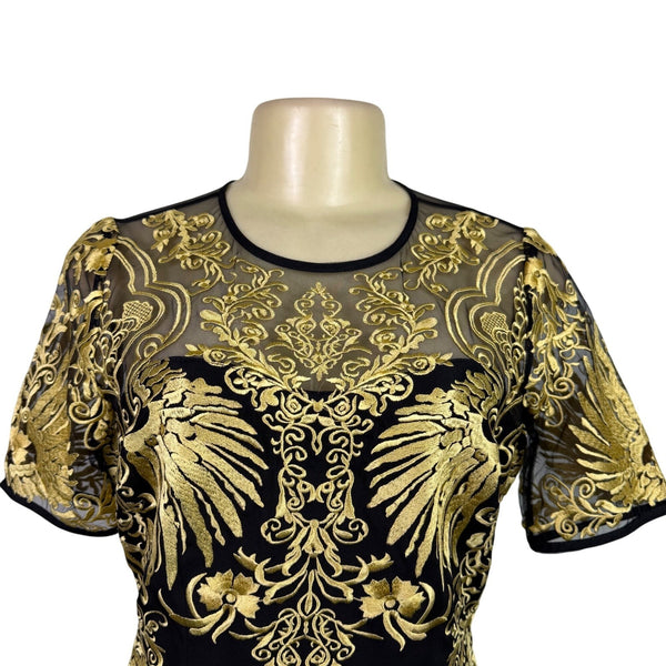 Joryaxuan Black & Gold Embroidered Sheath Dress Short Sleeve Mesh Detail Sz M