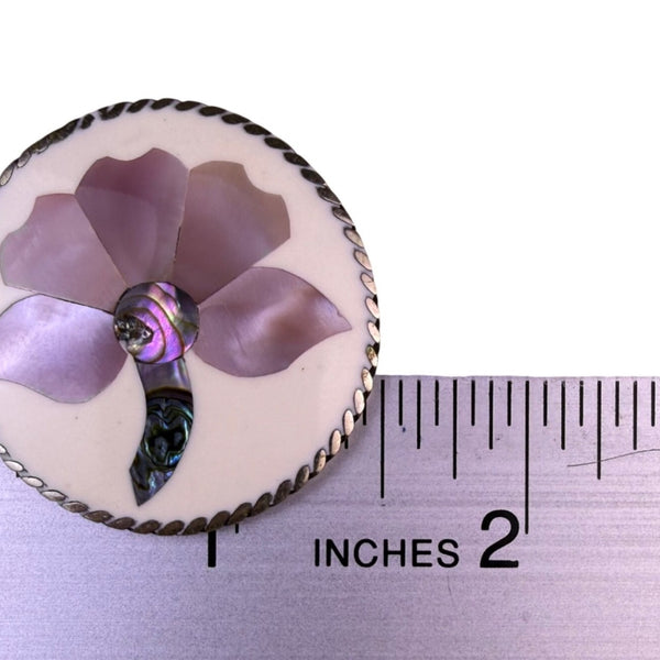 Vintage Pink & Silver Tone Mother-Of-Pearl Floral Round Brooch