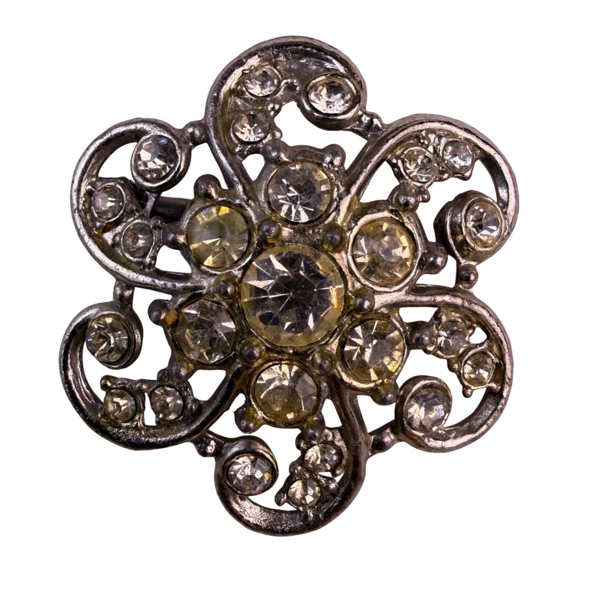 Vintage Unknown Silver Tone Floral Rhinestone Brooch Pin Jewelry