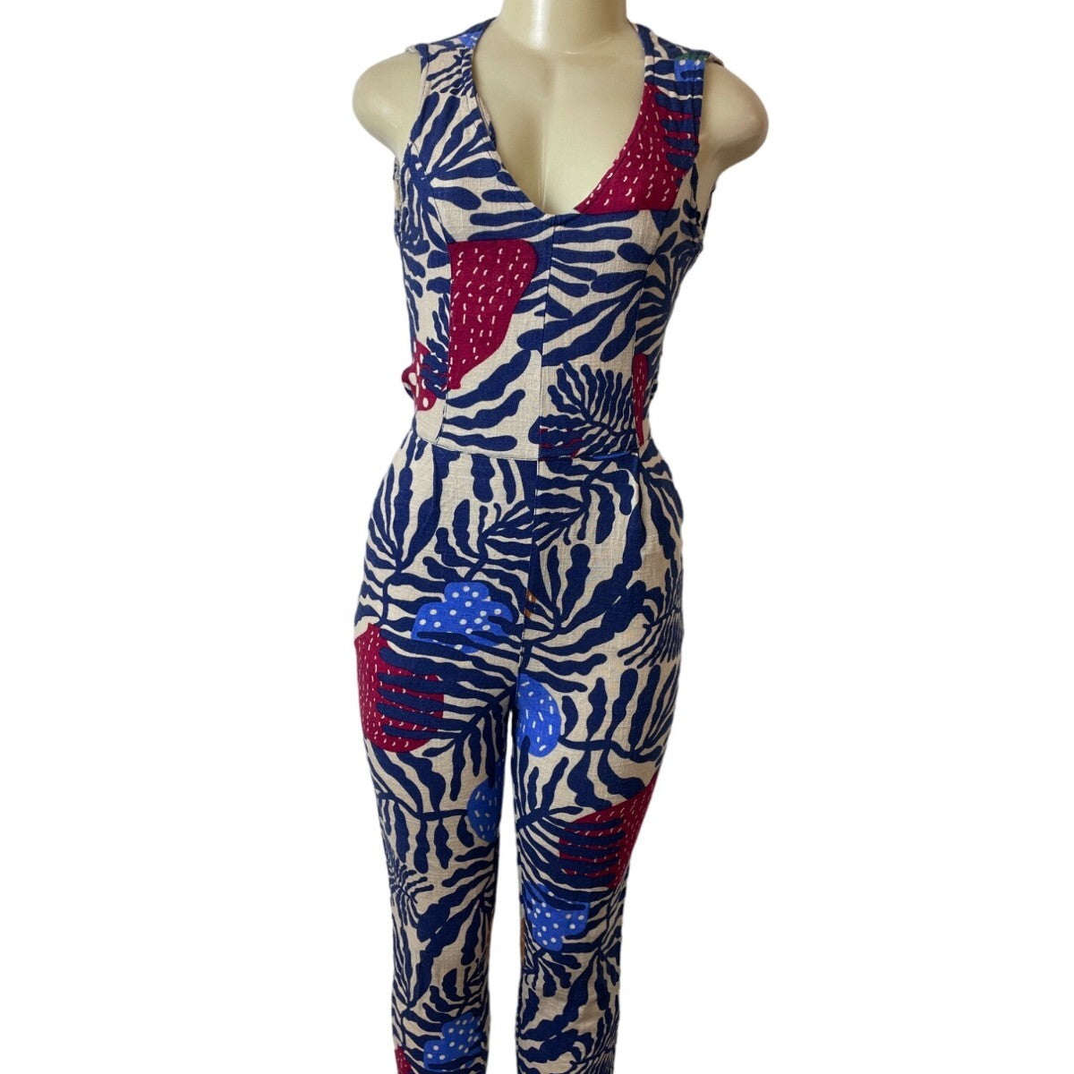 Can Tao Multicolor Sleeveless Sz XS/S Button-Up on Back Waist Tie Women Jumpsuit
