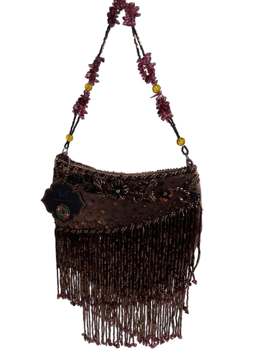 Vtg 80s In’s Classical Style Women's Brown Floral Beads Shoulder Bag Sz S