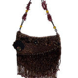 Vtg 80s In’s Classical Style Women's Brown Floral Beads Shoulder Bag Sz S