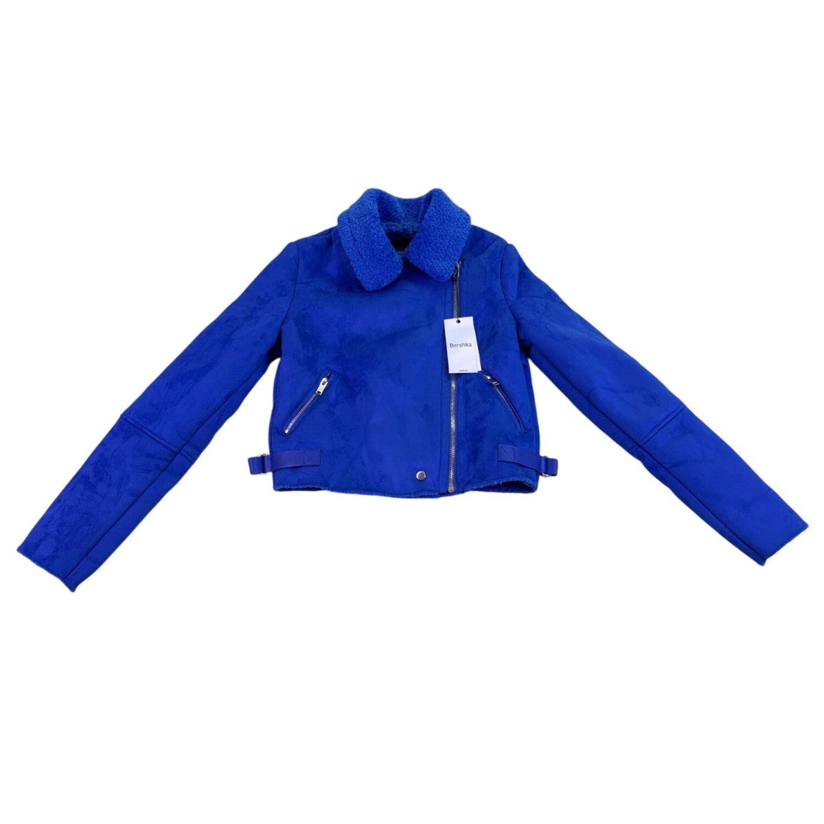 Bershka Womens Blue Faux Shearling Biker Jacket With Zipper Pockets Size S