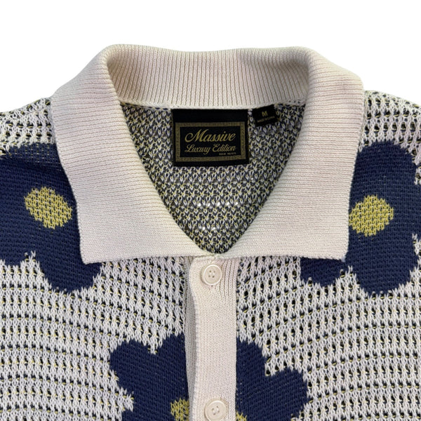 Massive Womens Ivory & Navy Blue Floral Button-Up Short Sleeve Cardigan M
