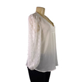 Gaovot Women’s White V-Neck Blouse Textured Long Sleeve Dot Details Size M - New
