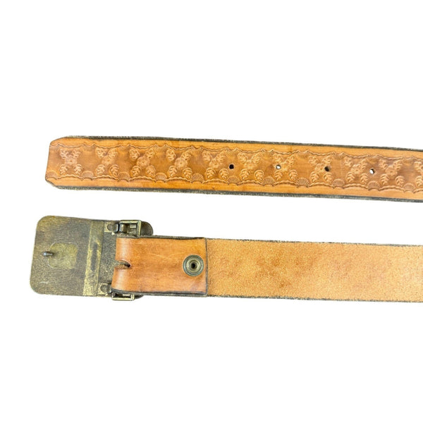 Hand Tooled Don Hewitt Mens Tan Leather Western Belt Cowboy Horse Buckle