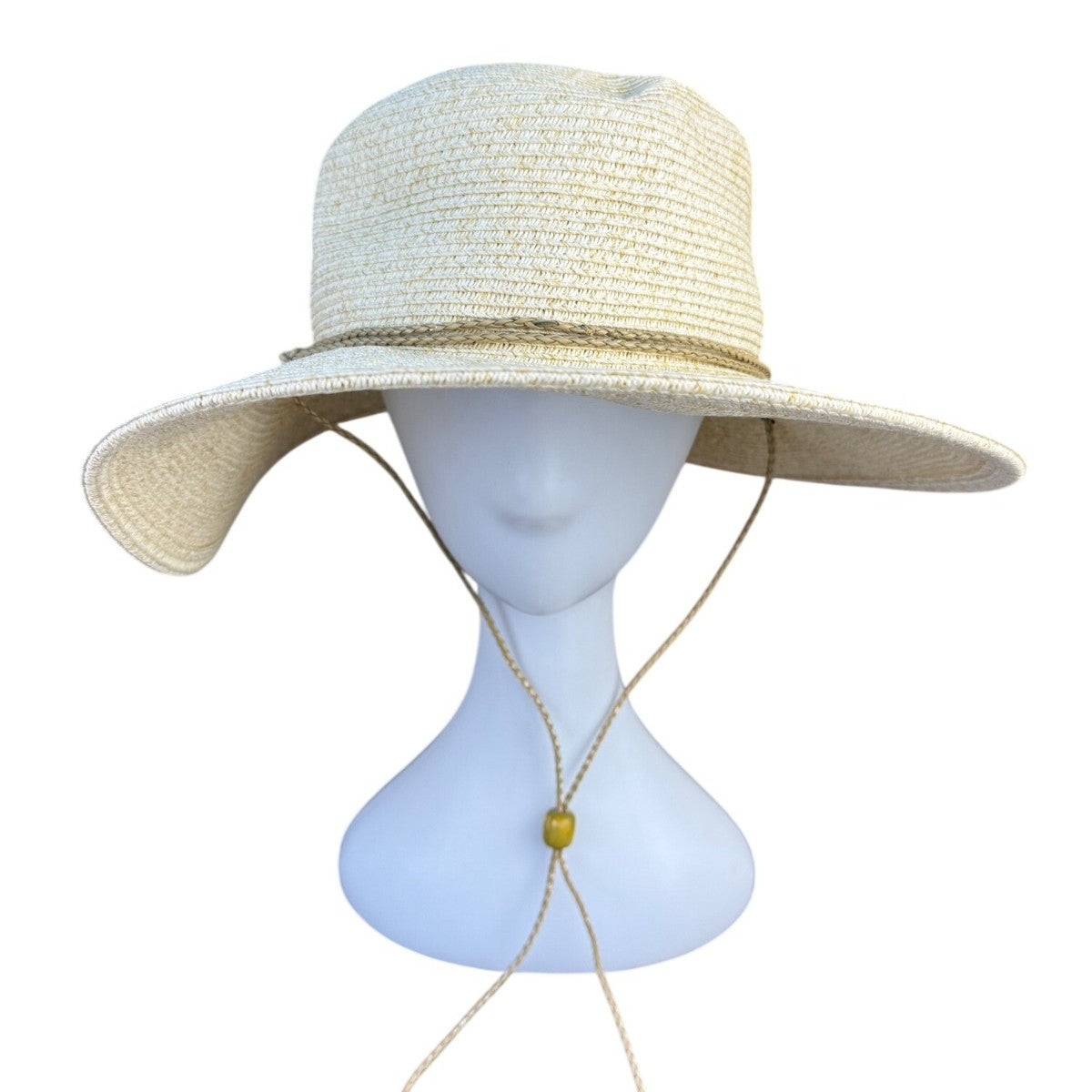 Nine West Womens Beige Straw Wide Brim Sun Hat With Chin Cord Lightweight Summer