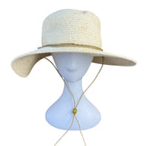 Nine West Womens Beige Straw Wide Brim Sun Hat With Chin Cord Lightweight Summer