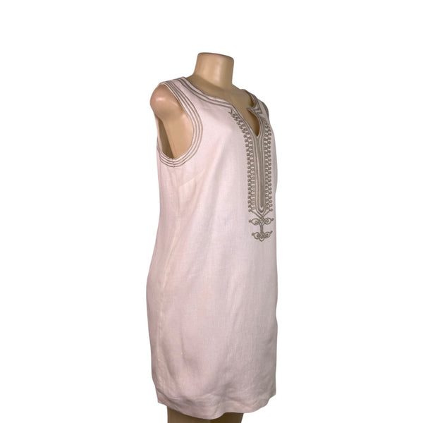 Michael Kors Womens White Linen Sleeveless Shift Dress Embroidered Accent Sz 12