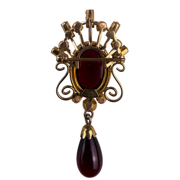 Van Dell Womens Red Cabochon & Crystal Brooch Pin 1/20 12KGF Gold Filled Vintage
