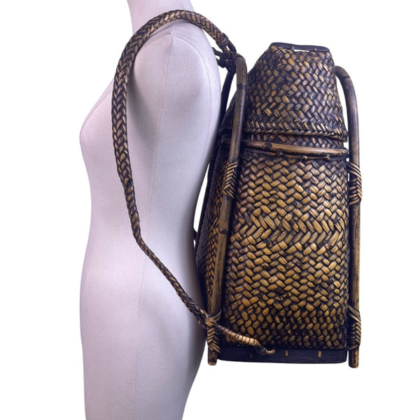 Vintage Brown Natural Woven Rattan Bamboo Frame Handmade Pasiking Backpack